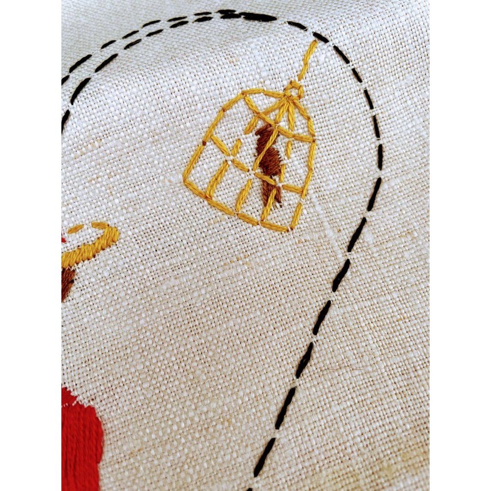 Vintage 1940s Linen Luncheon Tablecloth Napkins Man Sombrero Birdcage Embroidery - Picture 10 of 11